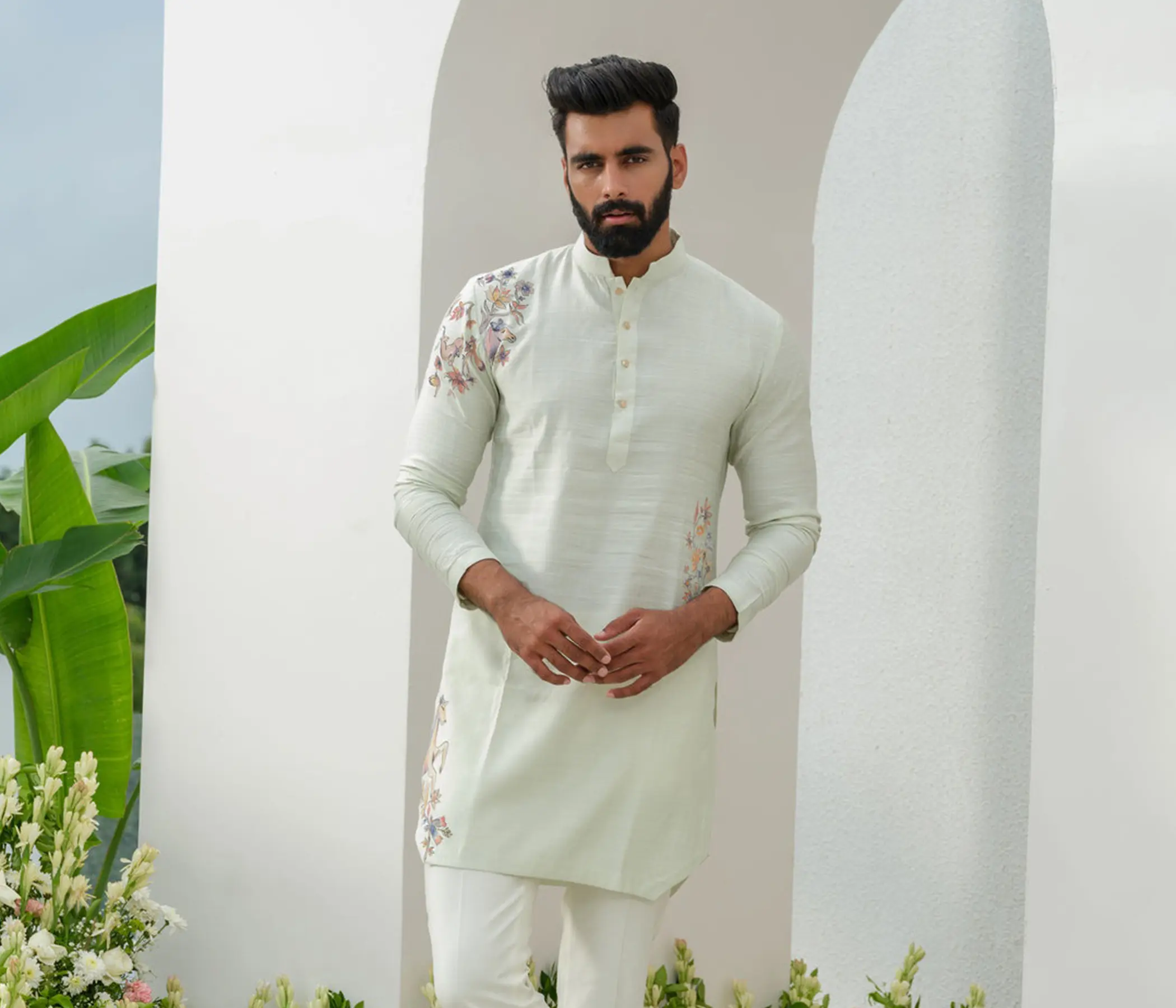 Men's Hand Painted Pastel Mint Green Tussar Silk Kurta Pajama Set